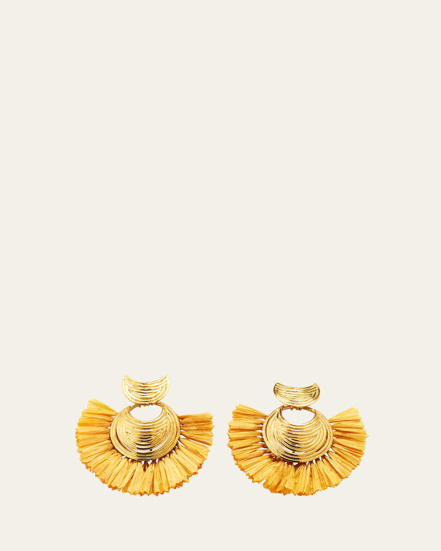 Mini Luna Wave Drop Raffia Earrings, Brown-Gold